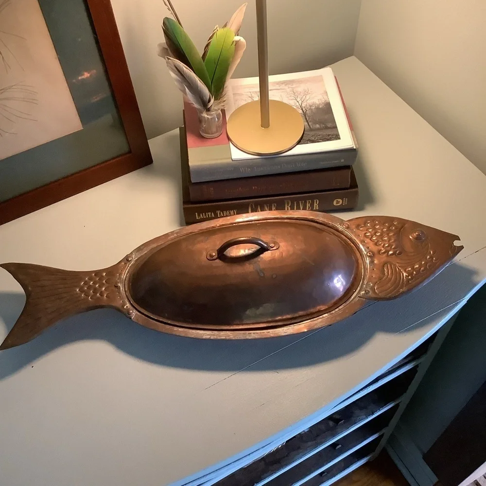 Vintage Hammered Copper and Brass Turkish Fish Baking Server Lidded Pan